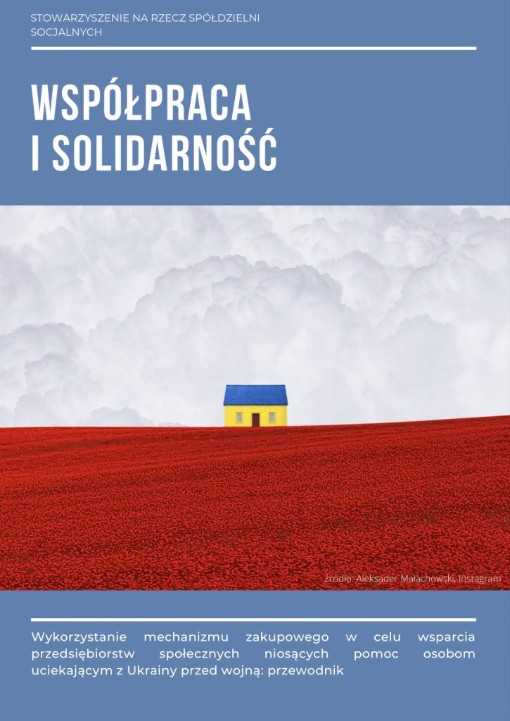Okładka publikacji. Tytuł "Współpraca i solidarność". Znajduje się na niej grafika Aleksandra Małachowskiego oraz opis "Wykorzystanie mechanizmu zakupowego w celu wsparcia przedsiębiorstw społecznych niosących pomoc osobom uciekającym z Ukrainy przez wojną: przewodnik".