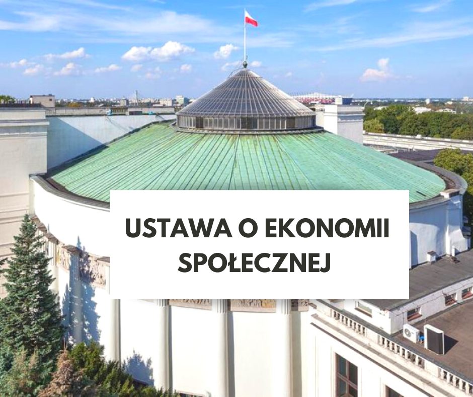Grafika dekoracyjna. Na środku napis "Ustawa o ekonomii społecznej".